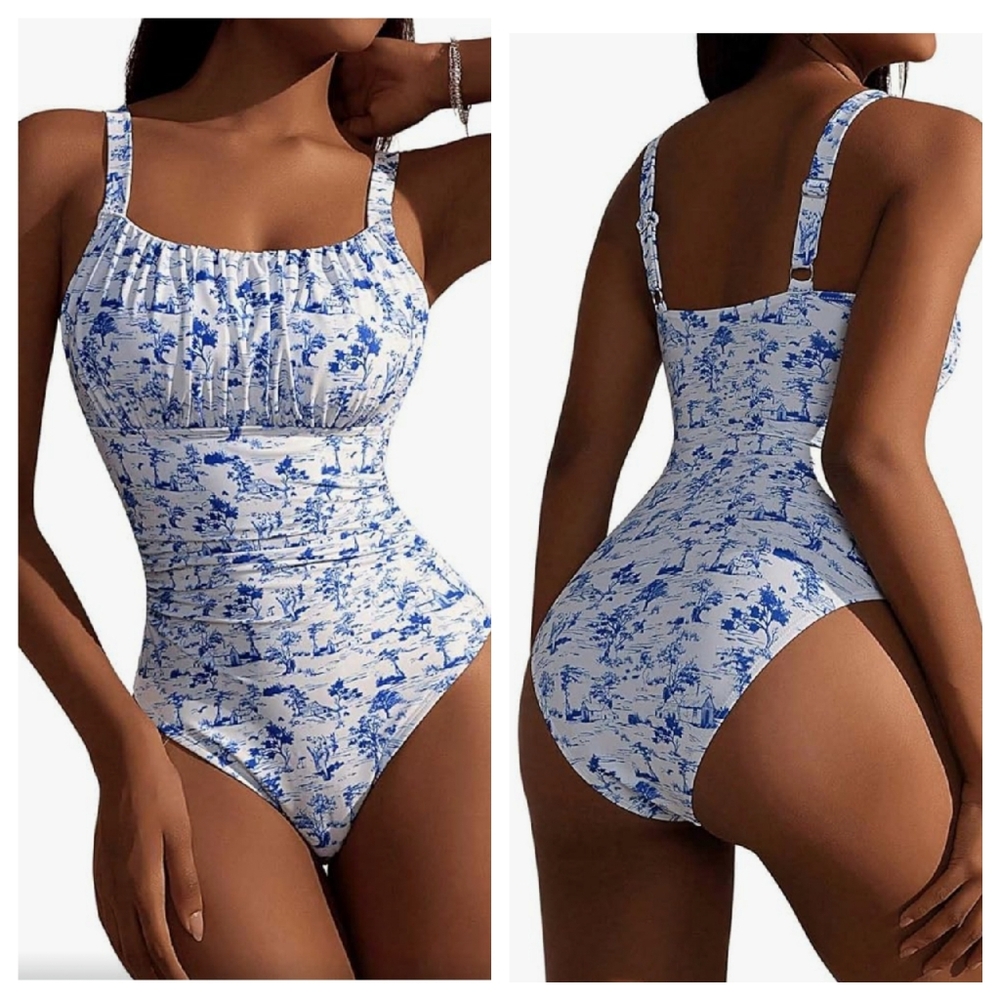 One Piece Square Neck Ruched Bust Swimsuit